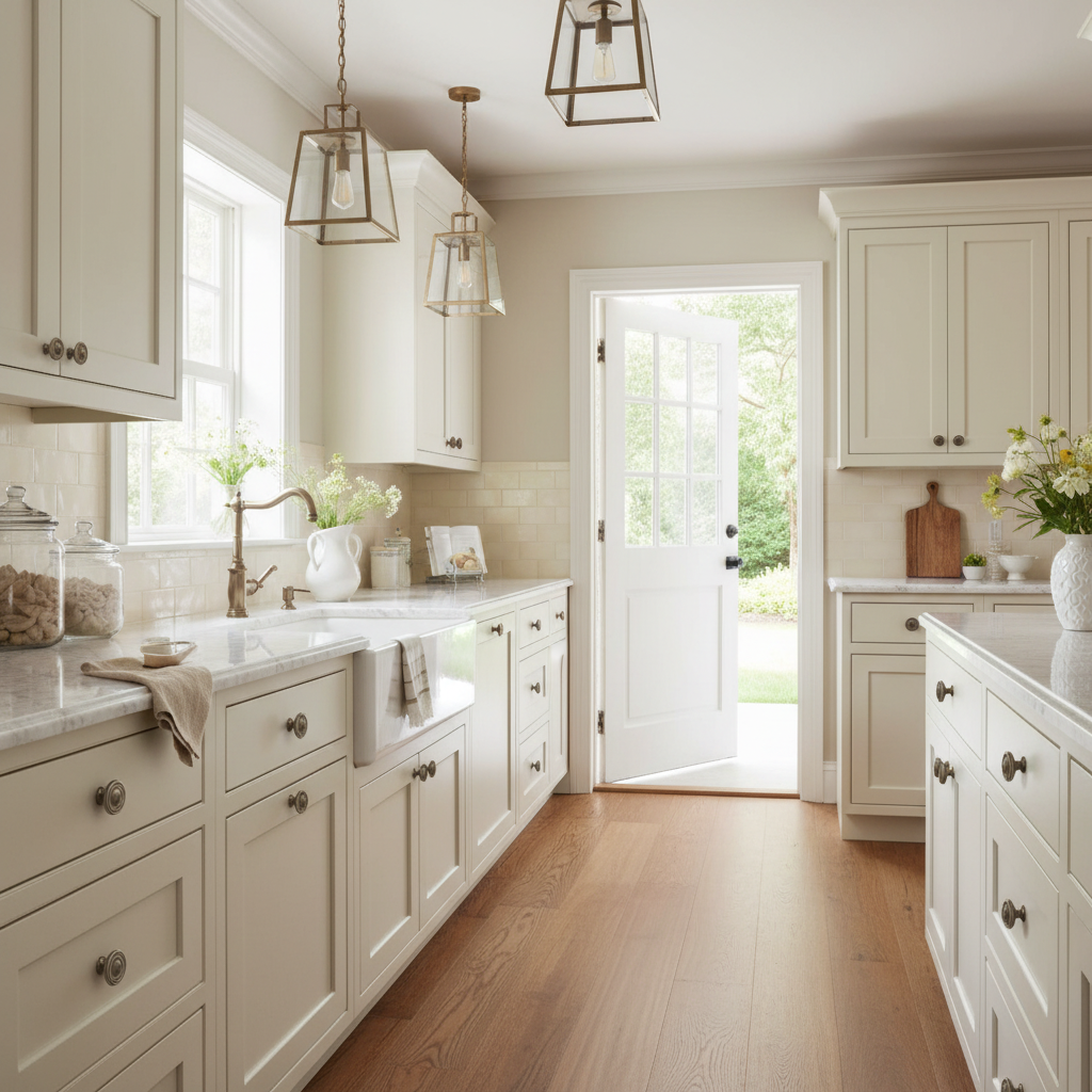 Bronze cabinet circular knobs on a white kitchen 