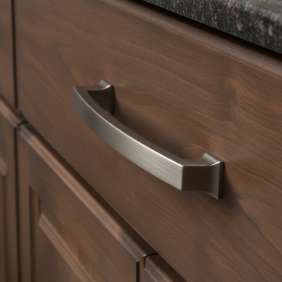 satin nickel cabinet knob on a wood drawer 