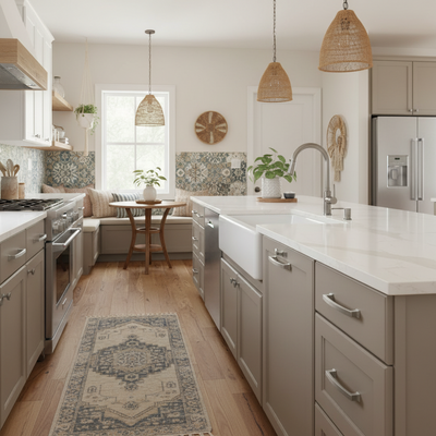 Modern kitchen with white countertops, stainless steel appliances, and wooden flooring.