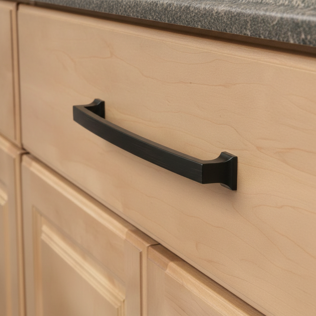 bronze cabinet handle on a wooden drawer with a gray countertop.