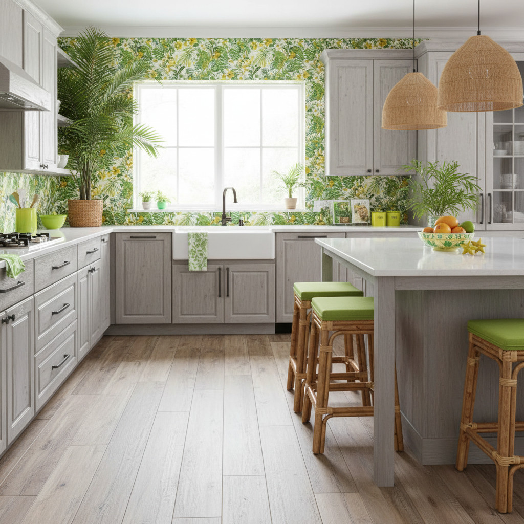 tropical kitchen with oil rubbed bronze cabinet drawer pulls 
