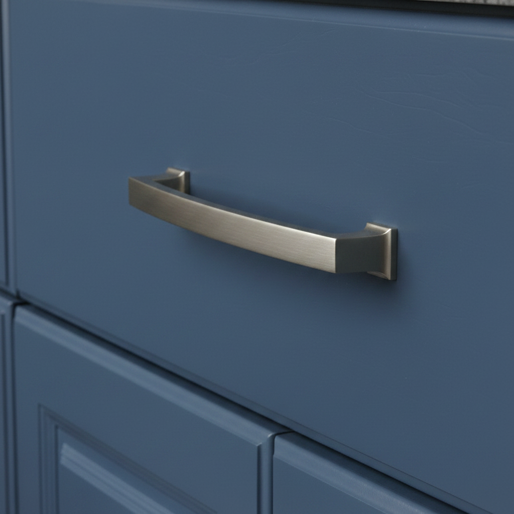 satin nickel cabinet pull on a blue cabinet drawer 