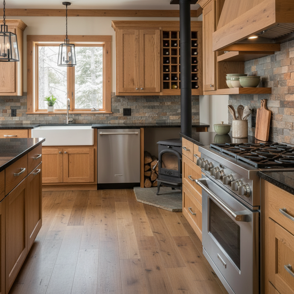satin nickel cabinet pulls in an Alpine style kitchen 