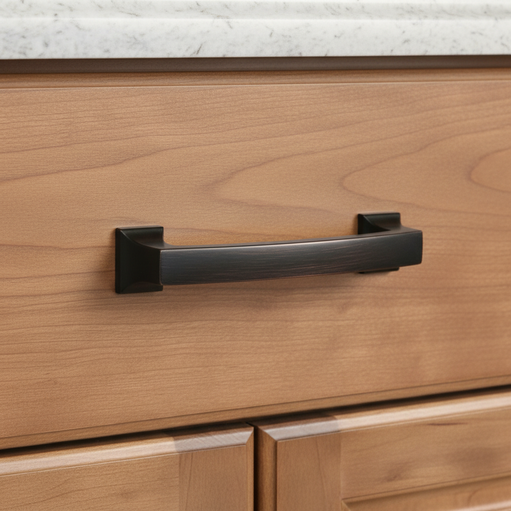 brown cabinet handle on a tan oak cabinet drawer 
