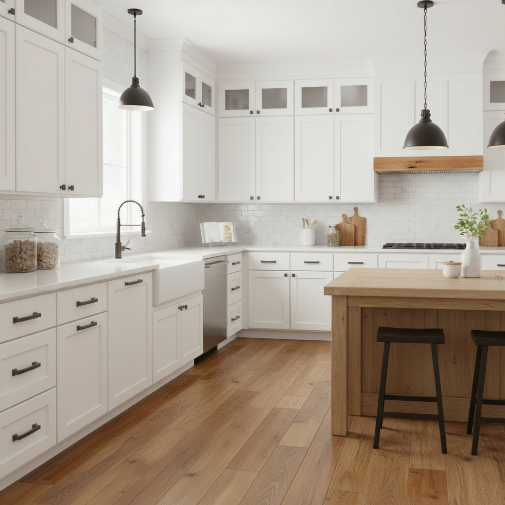 dark brown cabinet handles on a modern farmhouse kitchen cabinet 