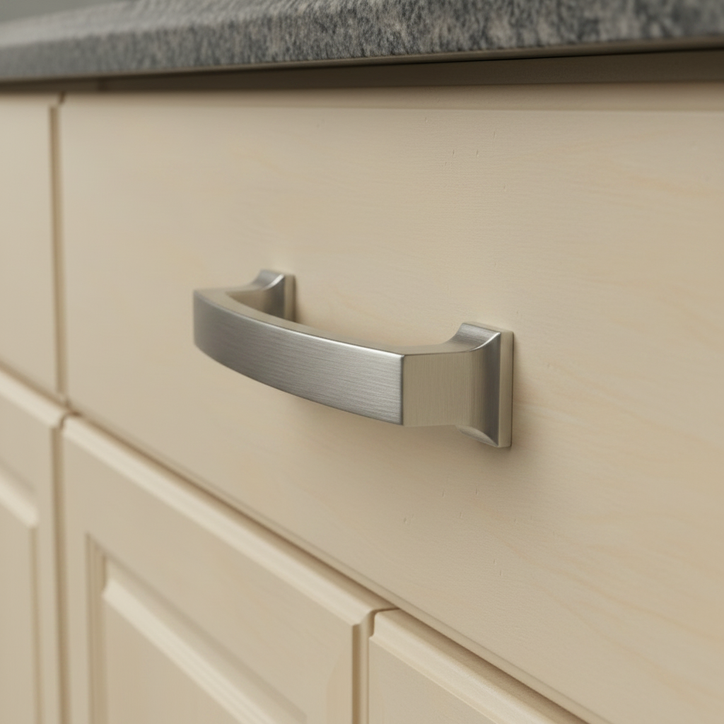 satin nickel cabinet handle on a wooden drawer with a granite countertop.