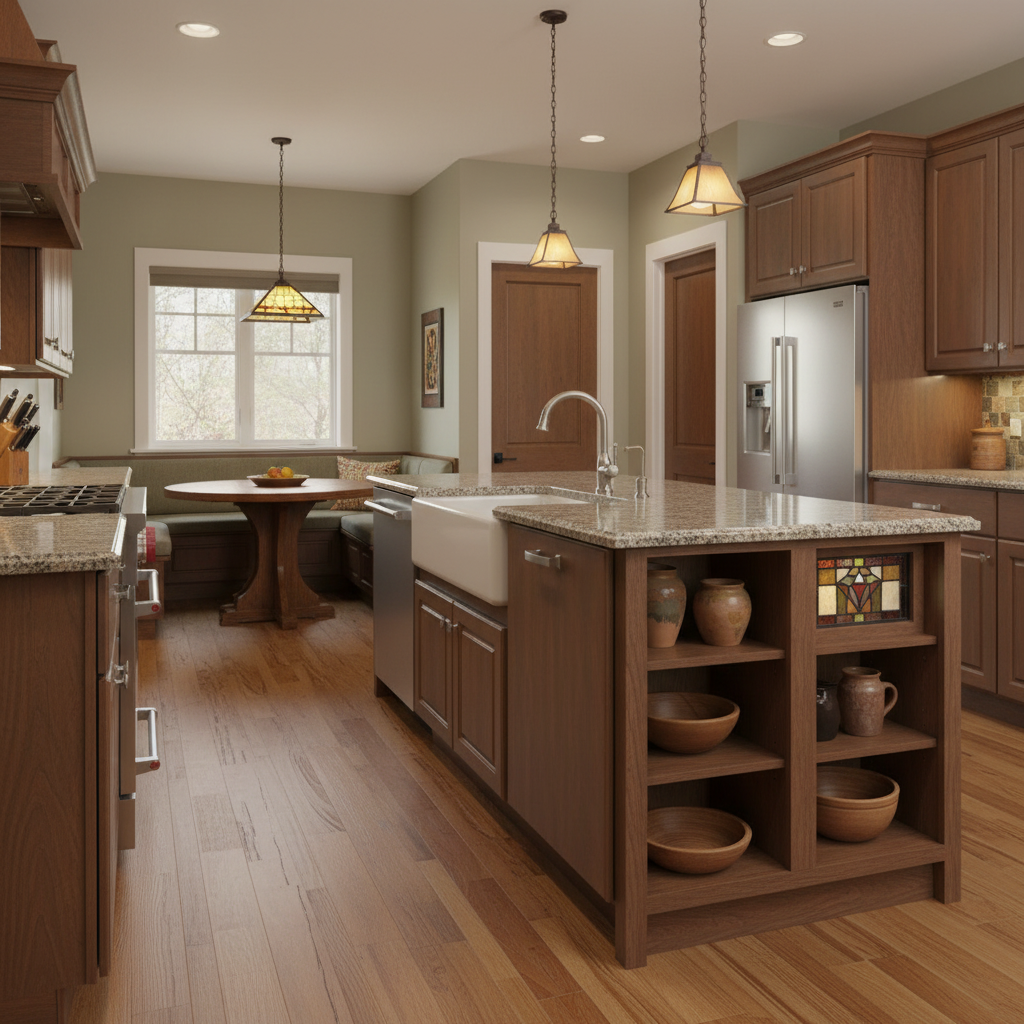 satin nickel cabinet pulls in a modern kitchen with wooden cabinets, island, and stainless steel appliances.