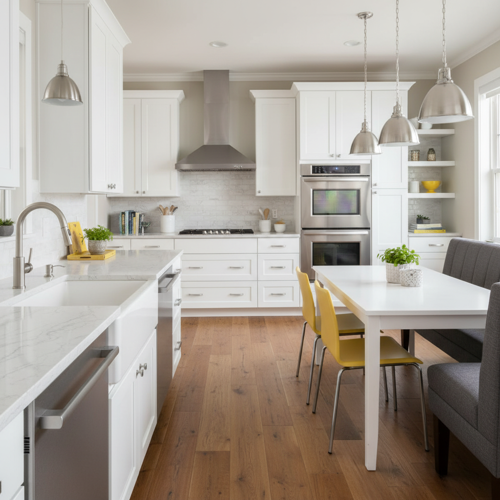 Modern kitchen with white cabinets, stainless steel appliances, and a dining area.
