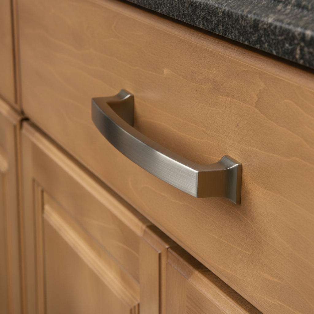 Close-up of a metallic cabinet handle on wooden cabinetry.