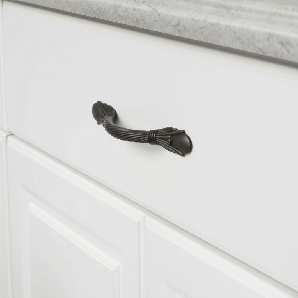 Oil rubbed bronze decorative cabinet pull on a white drawer 
