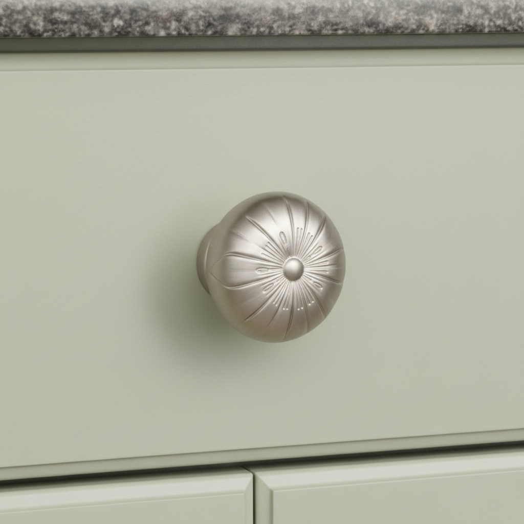 Cabinet knob on a light green cabinet with a granite countertop.