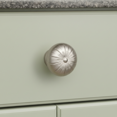 Cabinet knob on a light green cabinet with a granite countertop.