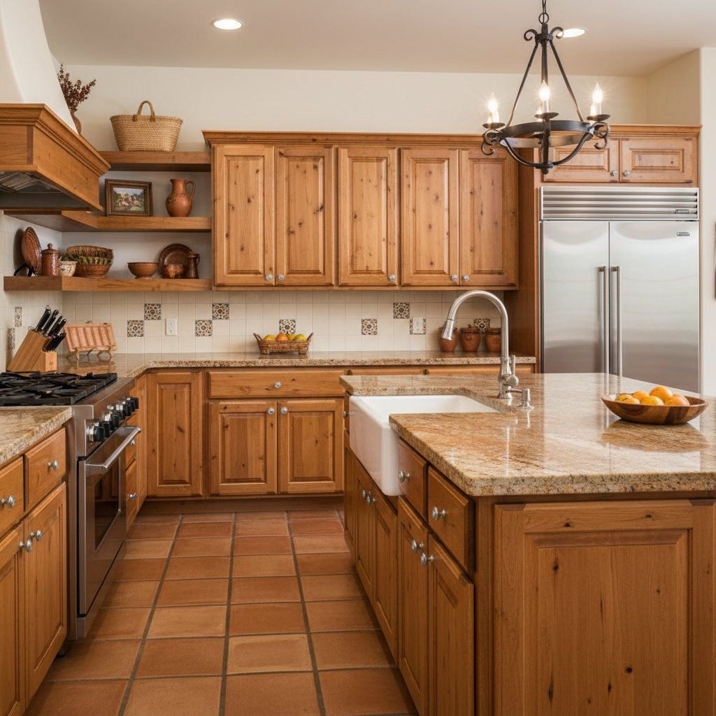 Modern kitchen with wooden cabinets, granite countertops, and stainless steel appliances.