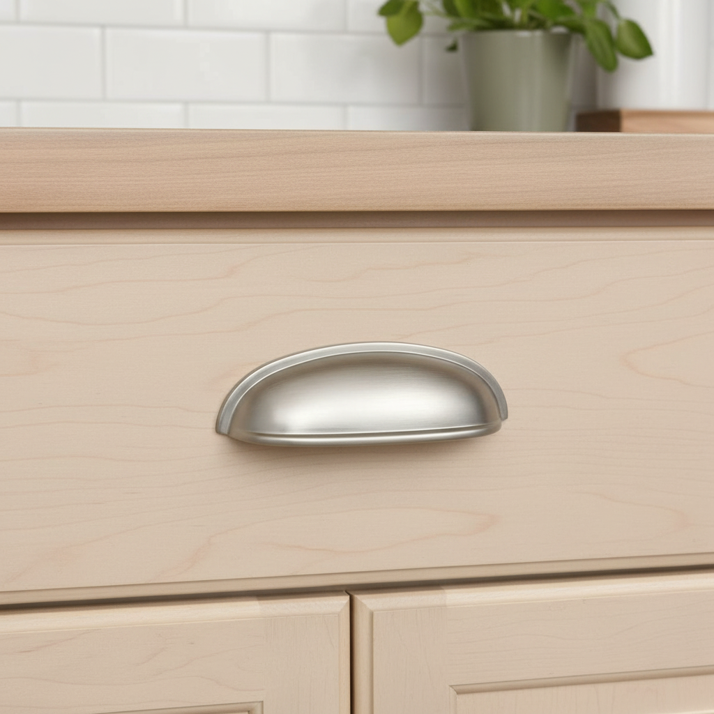 Cabinet handle on a wooden drawer with a white tiled wall and plant in the background