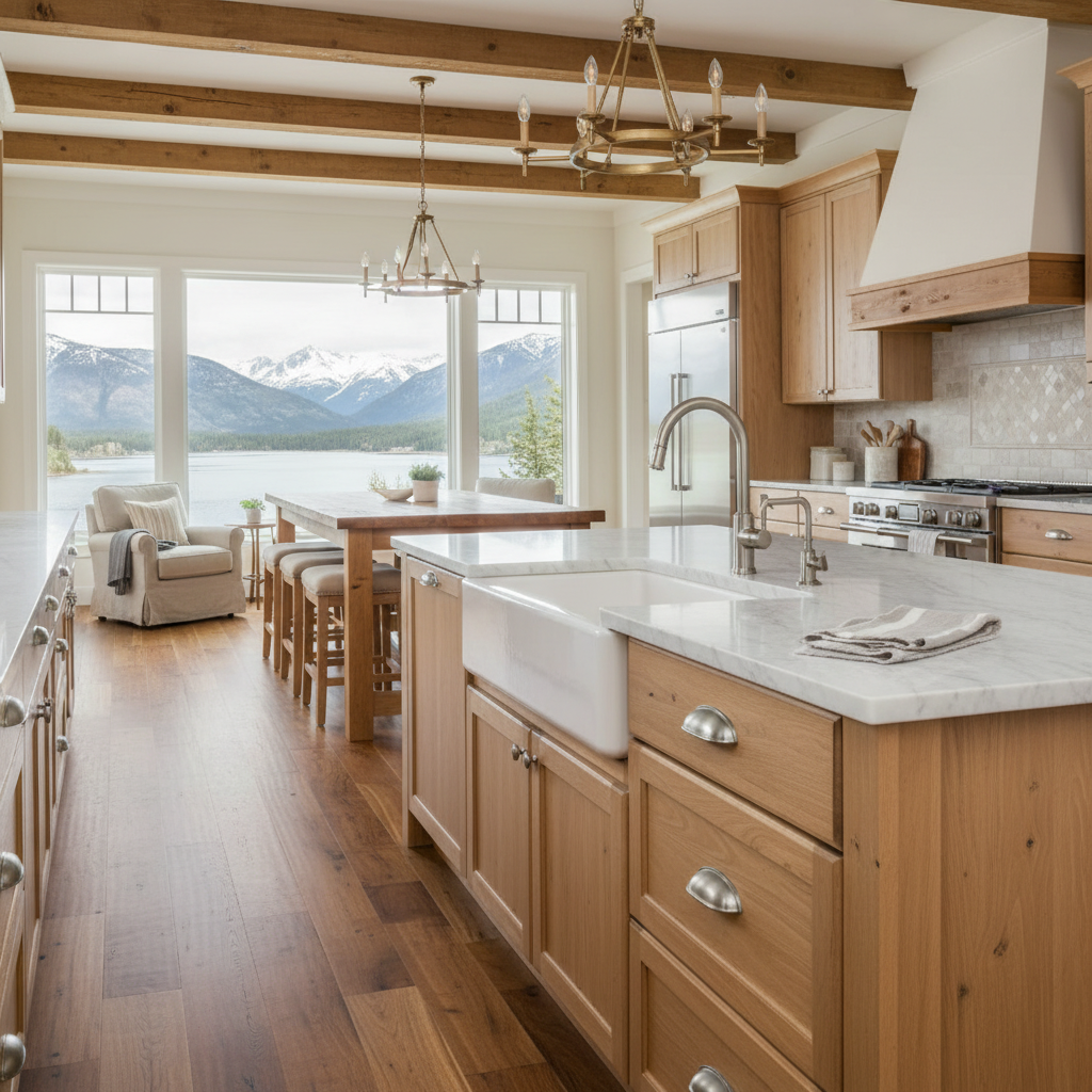 Modern kitchen with wooden cabinets and a view of mountains and water.