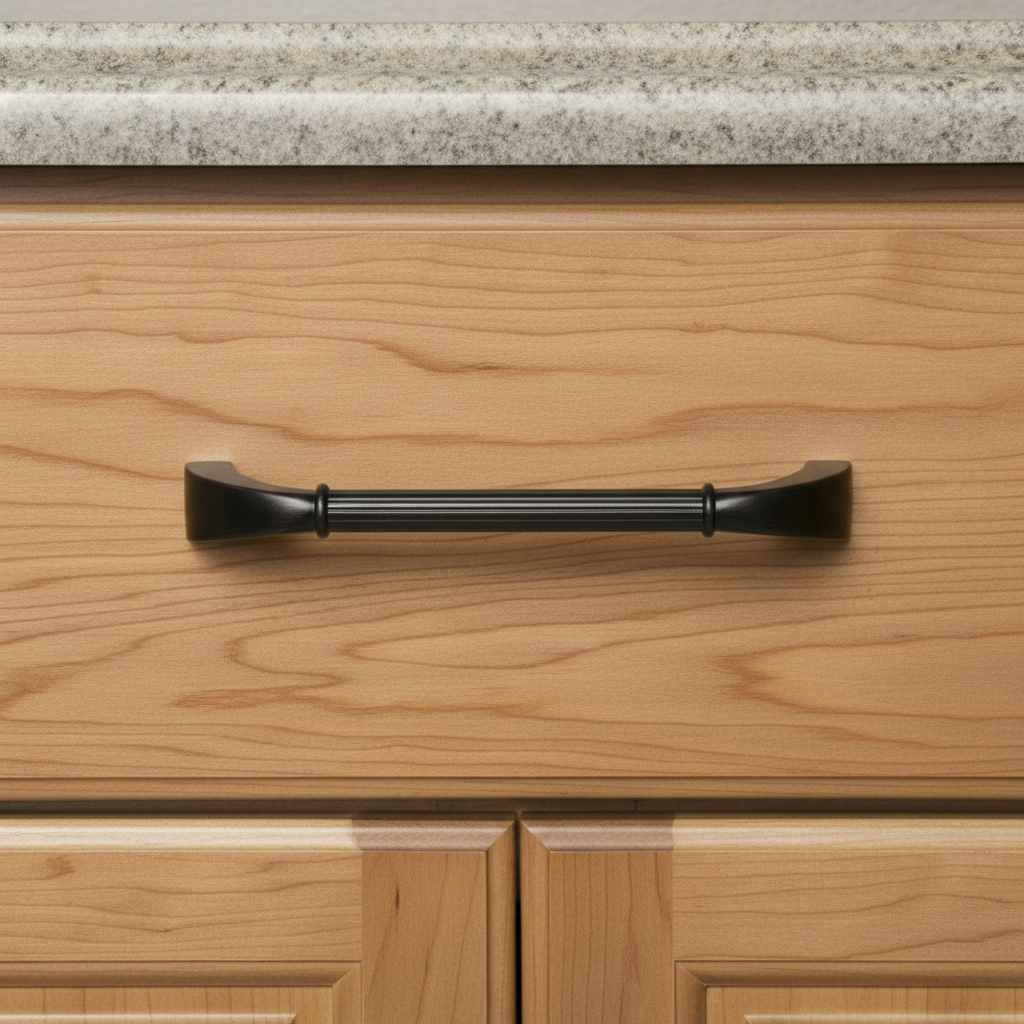 oil rubbed brown cabinet drawer pull with sturdy ends and slim engraved handle
