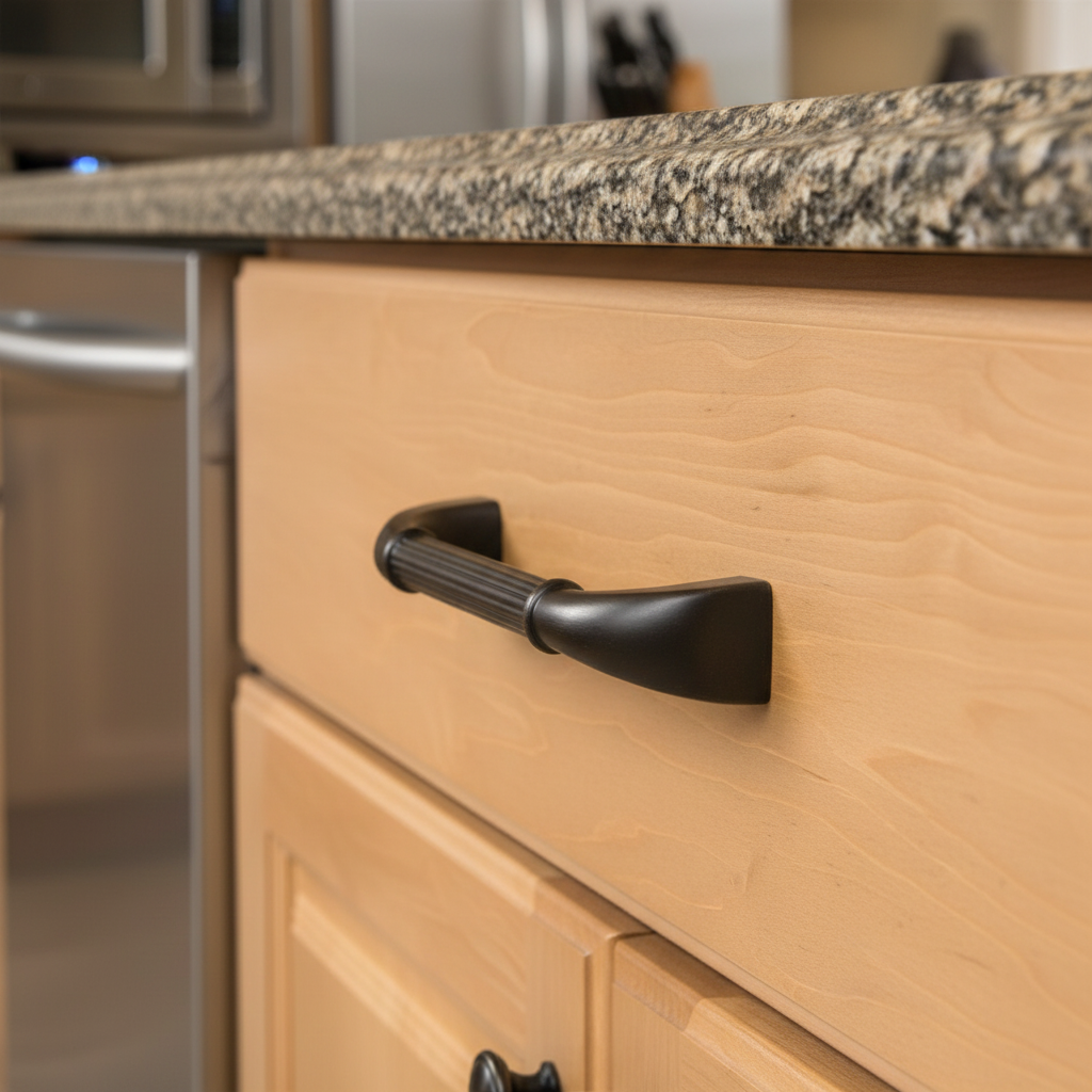 Wooden cabinet with black handle in a kitchen setting