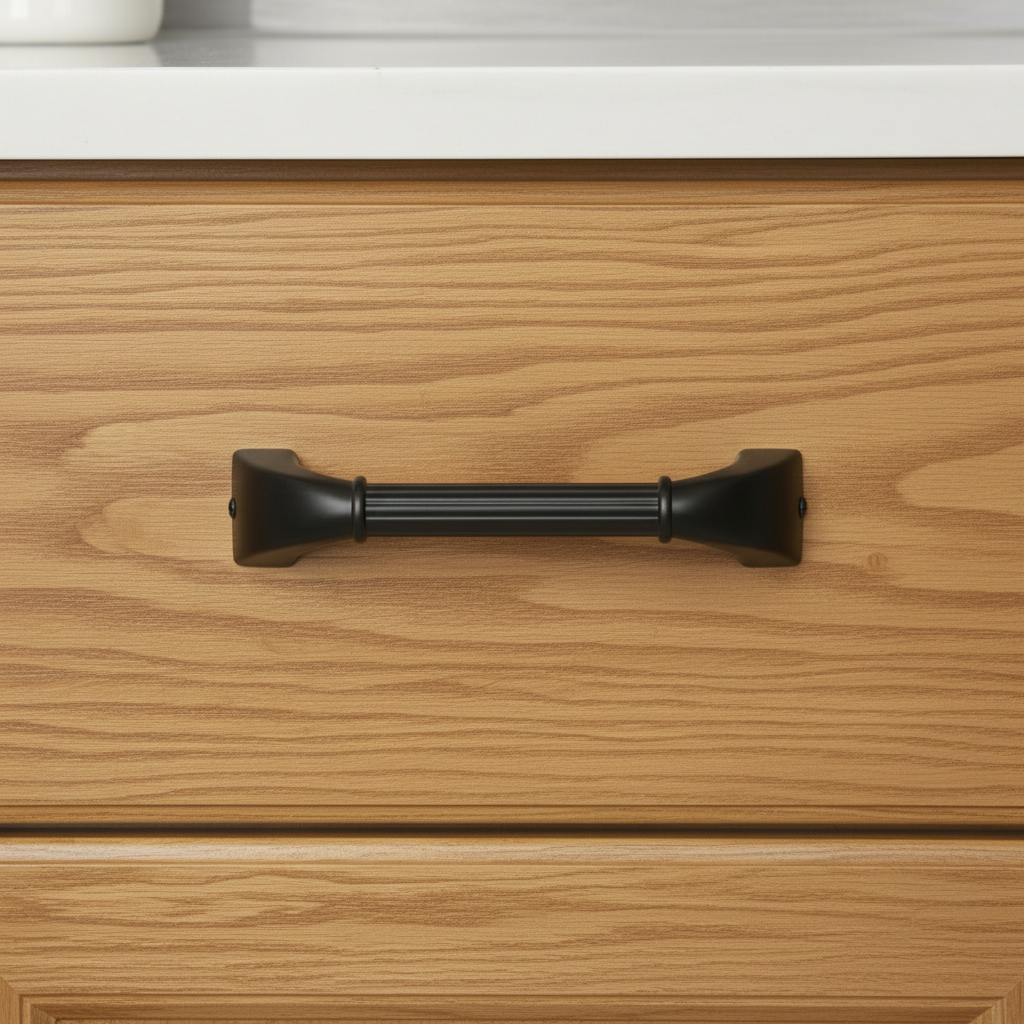 OIL RUBBED BRONZE PULL ON AN OAK CABINET DRAWER 
