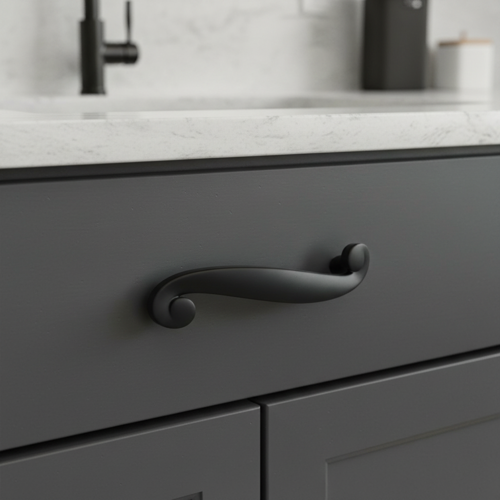 Dark gray cabinet with a black handle in a kitchen setting