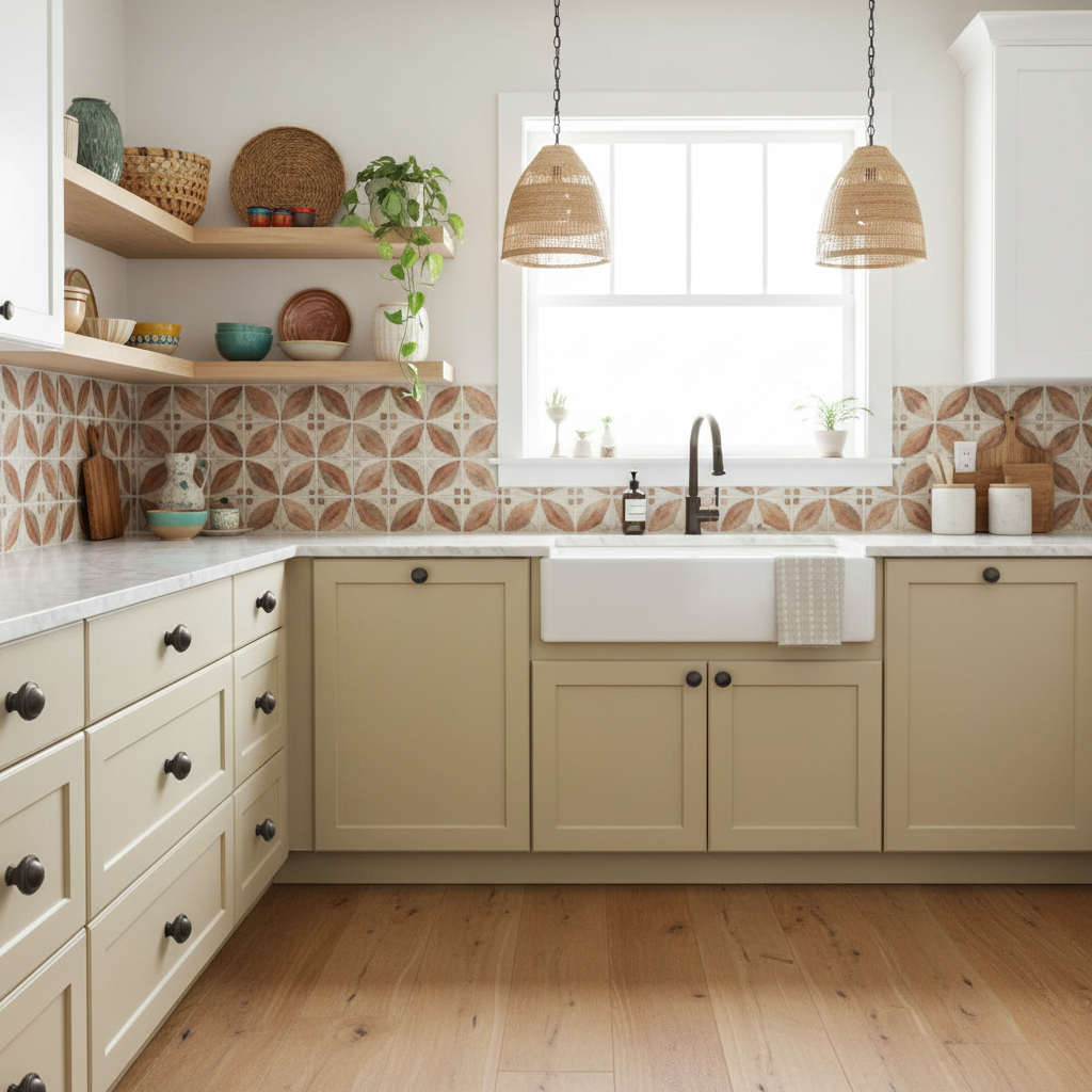 Modern kitchen with beige cabinets, white countertop, and patterned backsplash and oil rubbed bronze cabinet knobs 
