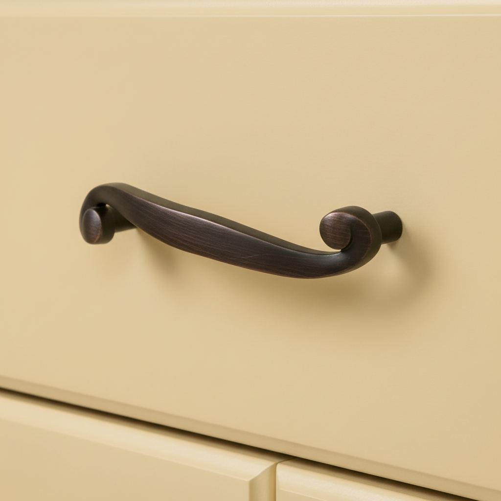 swirl cabinet handle in oil rubbed bronze on a yellow drawer 
