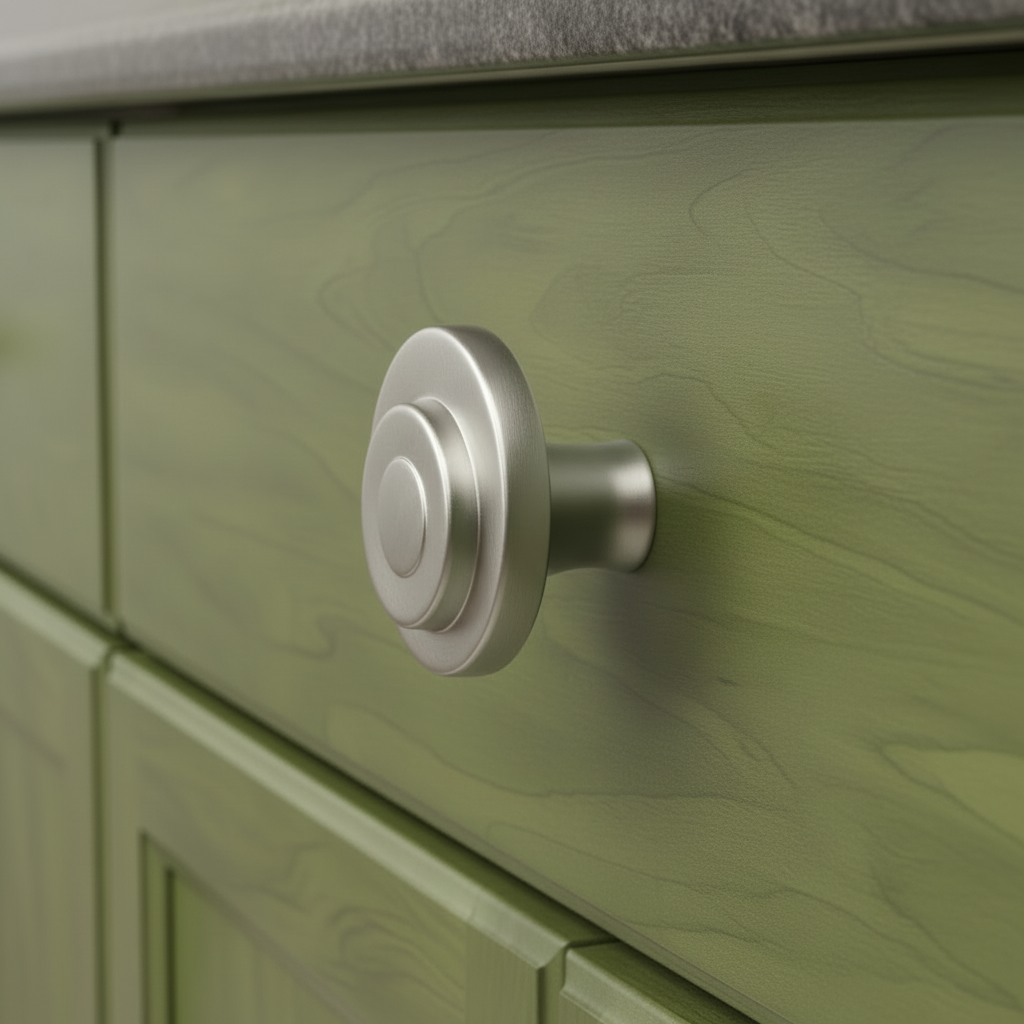 Close-up of a silver cabinet knob on a green cabinet