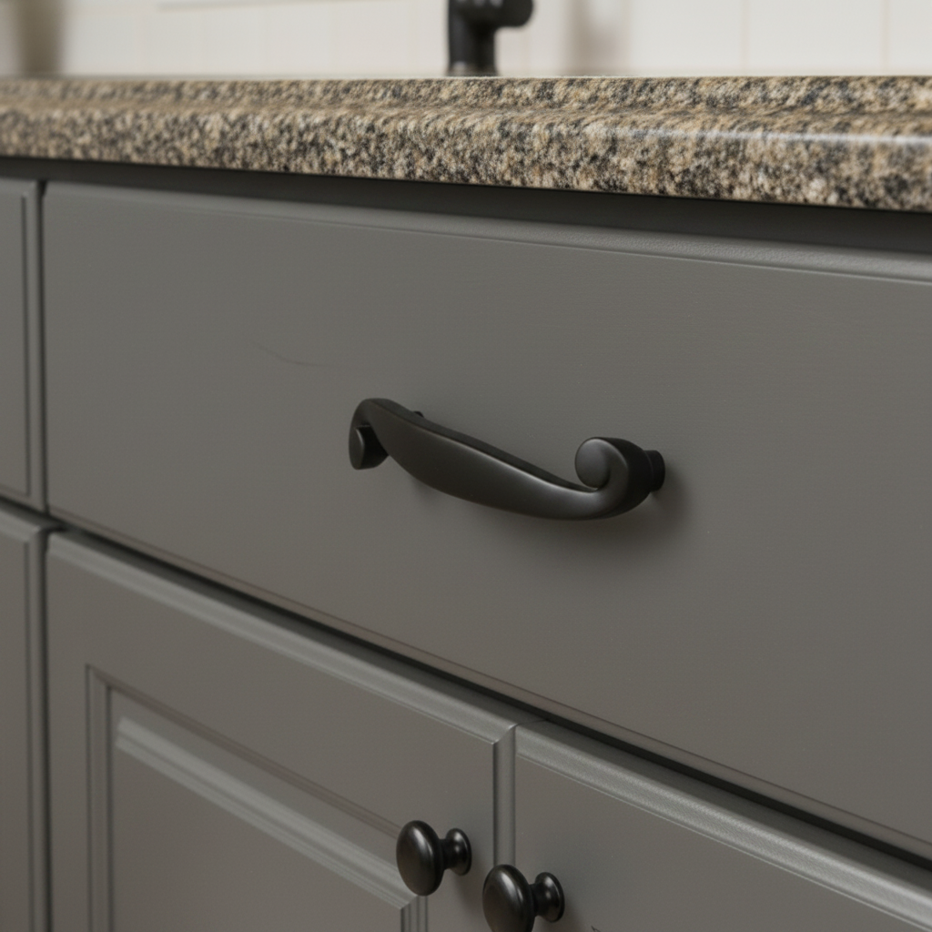 Close-up of black handles and a granite countertop.