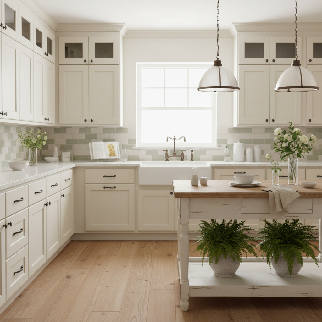Modern kitchen with white cabinets, wooden floor, and decorative elements.