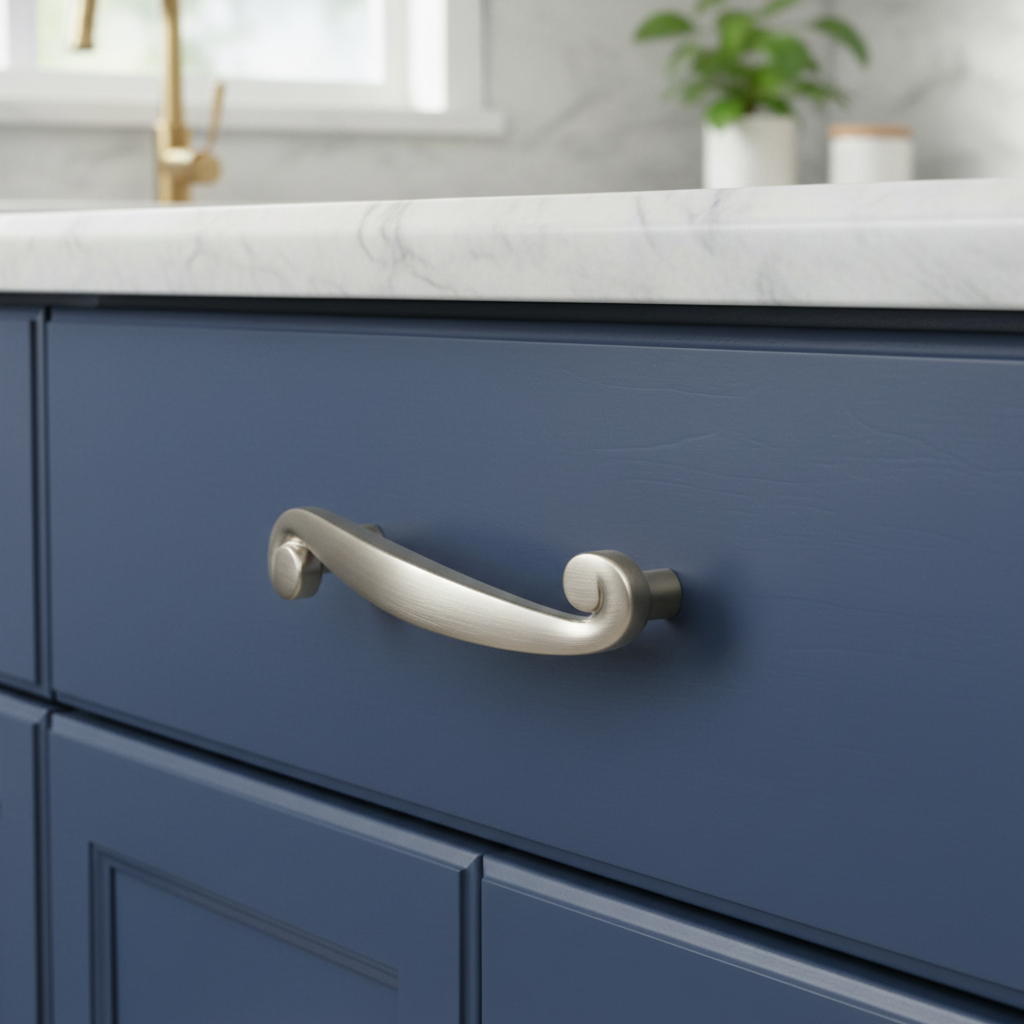 Blue cabinet with a silver handle in a kitchen setting the handle has a swirl design