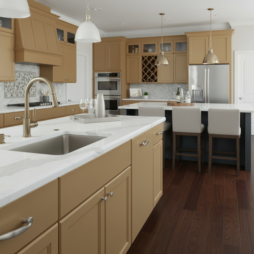 Modern kitchen with beige cabinets, white countertops, and stainless steel appliances.