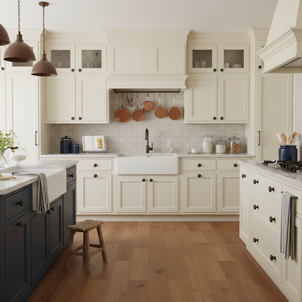 Modern kitchen with white cabinets, wooden floor, and various kitchenware.