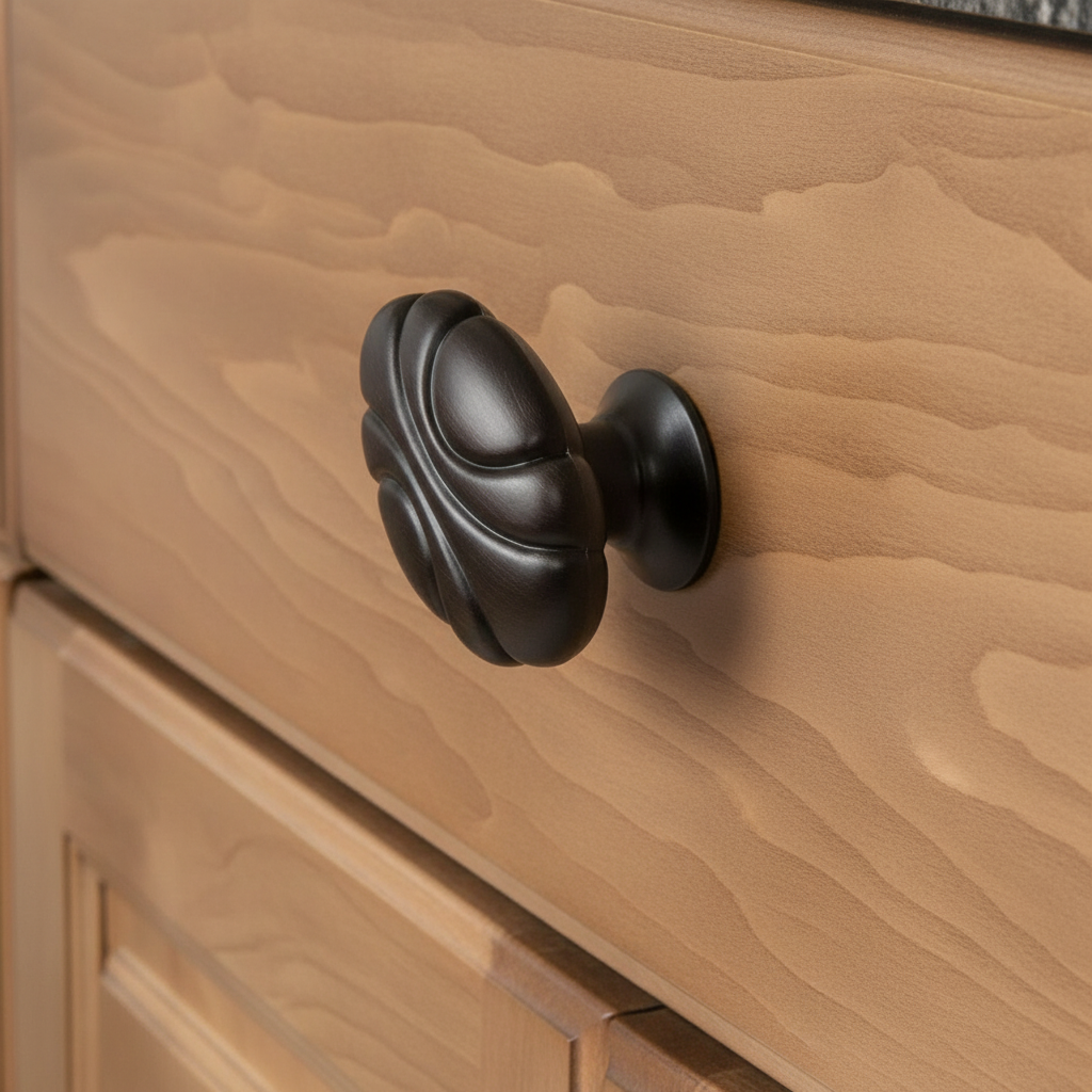 DECORATIVE BROWN CABINET KNOB ROUND ON A WOOD DRAWER