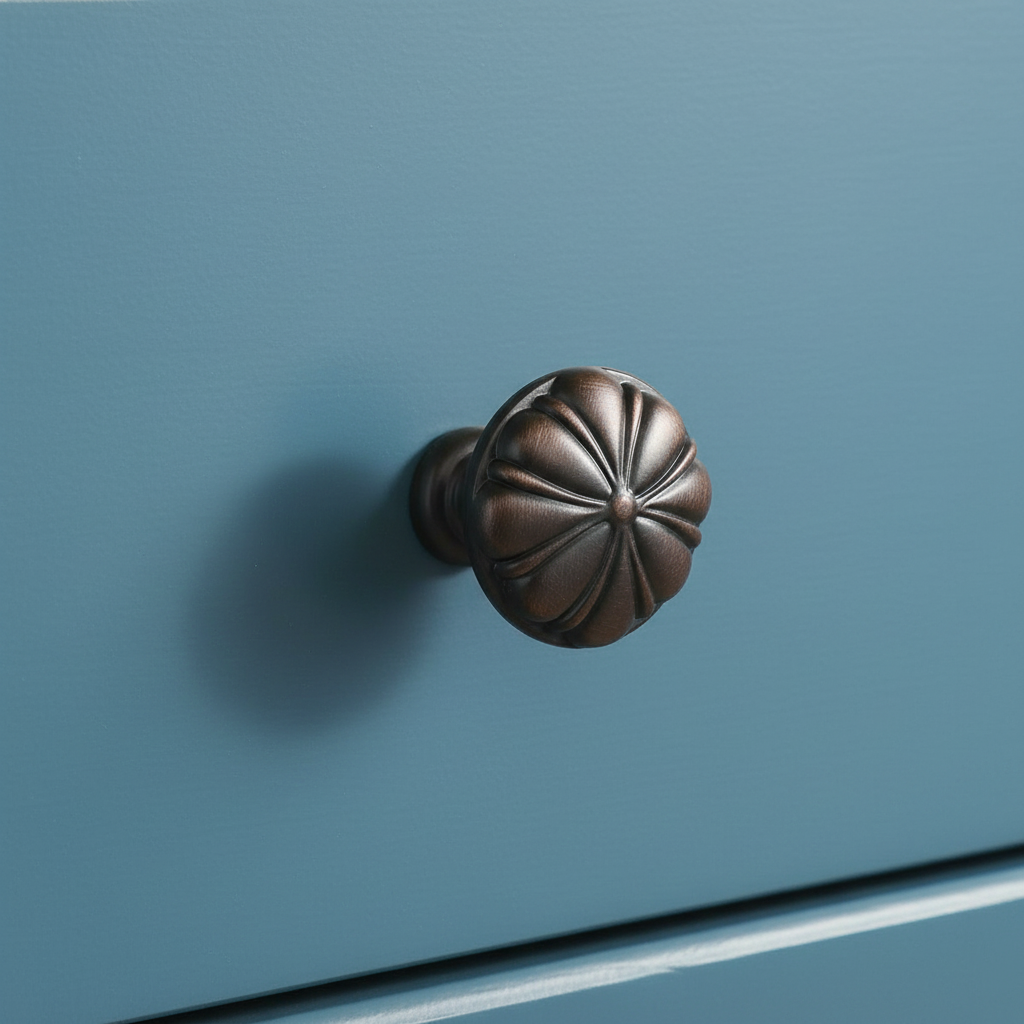 blue cabinet knob with a oil rubbed bronze cabinet knob 
