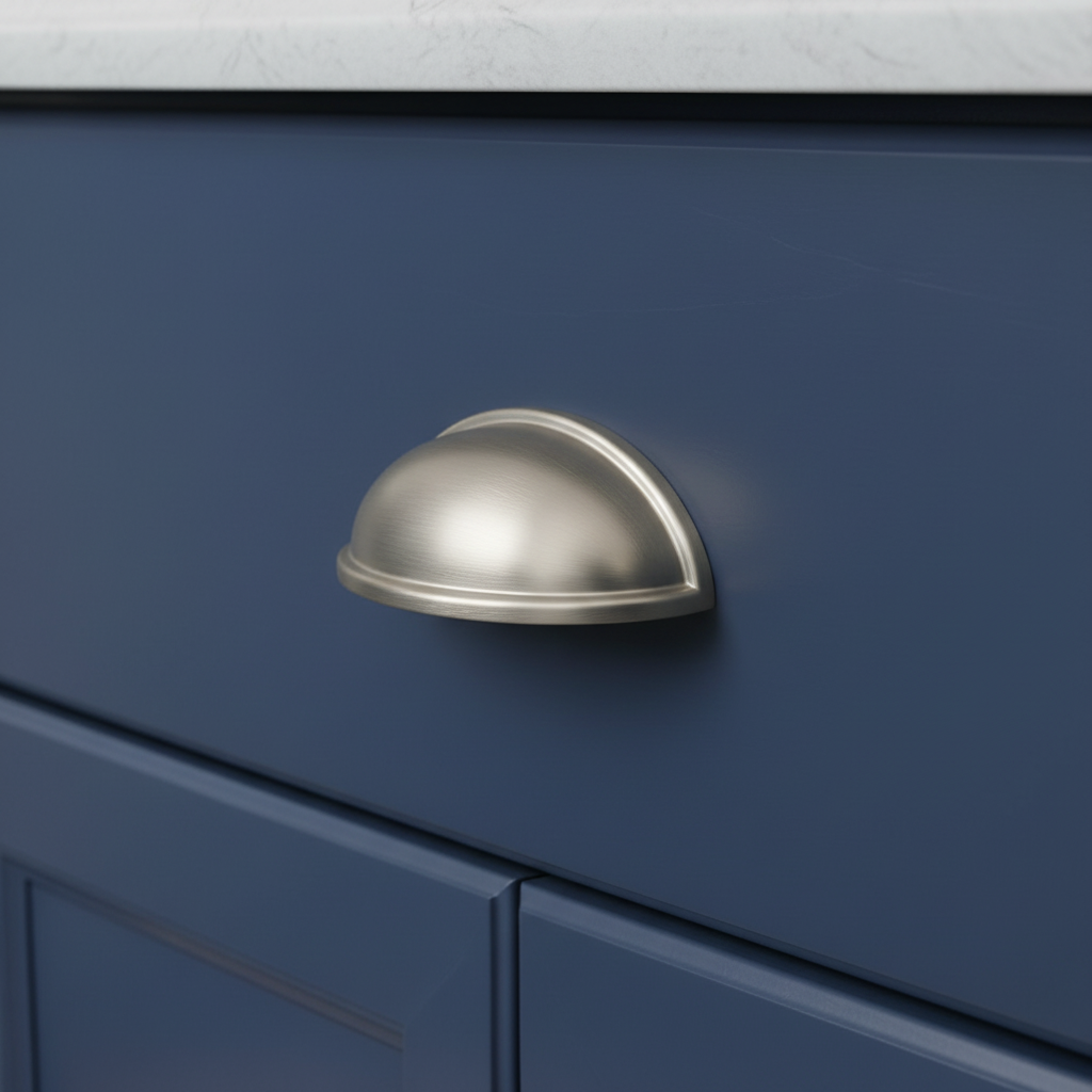 solid cabinet handle on a blue cabinet with a white countertop.