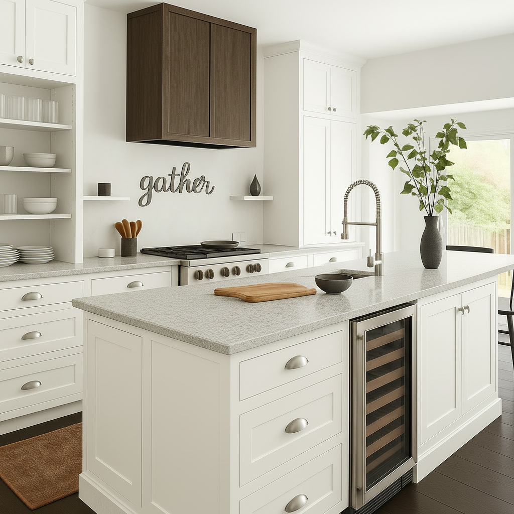 Modern kitchen with white cabinets, marble countertops, and a wine cooler.