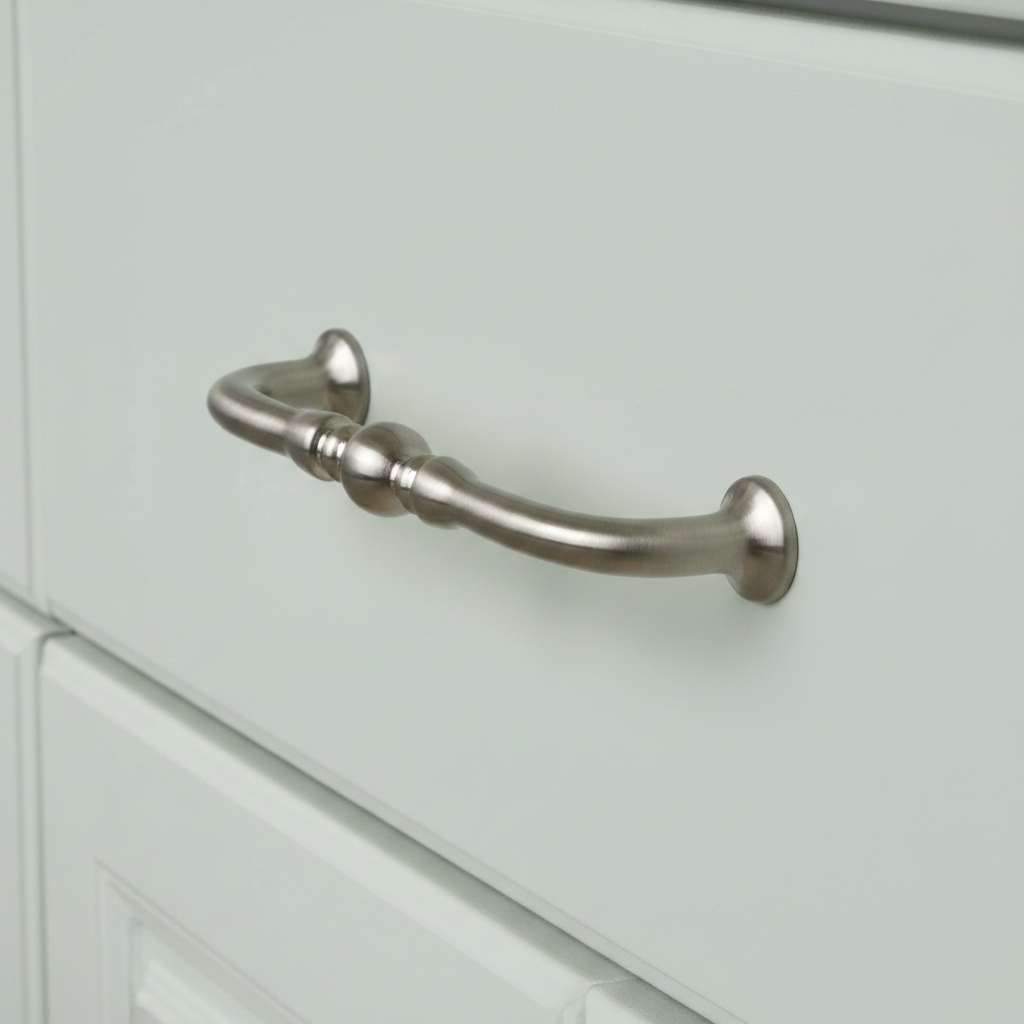 satin nickel cabinet drawer and door handle on a warm mint green drawer 