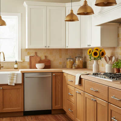 Satin nickel cabinet pulls in a Modern kitchen with wooden cabinets, stainless steel appliances, and decorative elements.