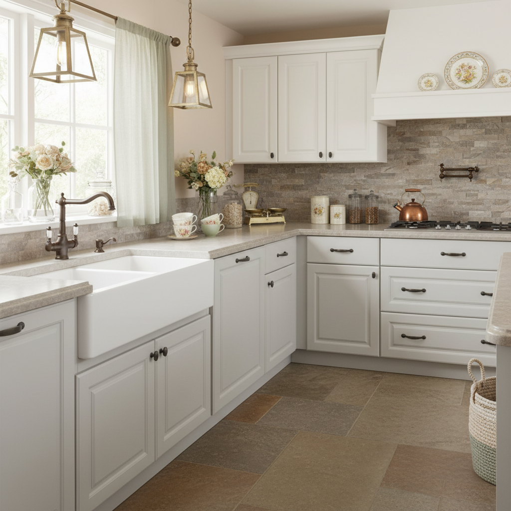 Oil rubbed bronze cabinet hardware on  country kitchen with white cabinets, marble countertops, and decorative elements.
