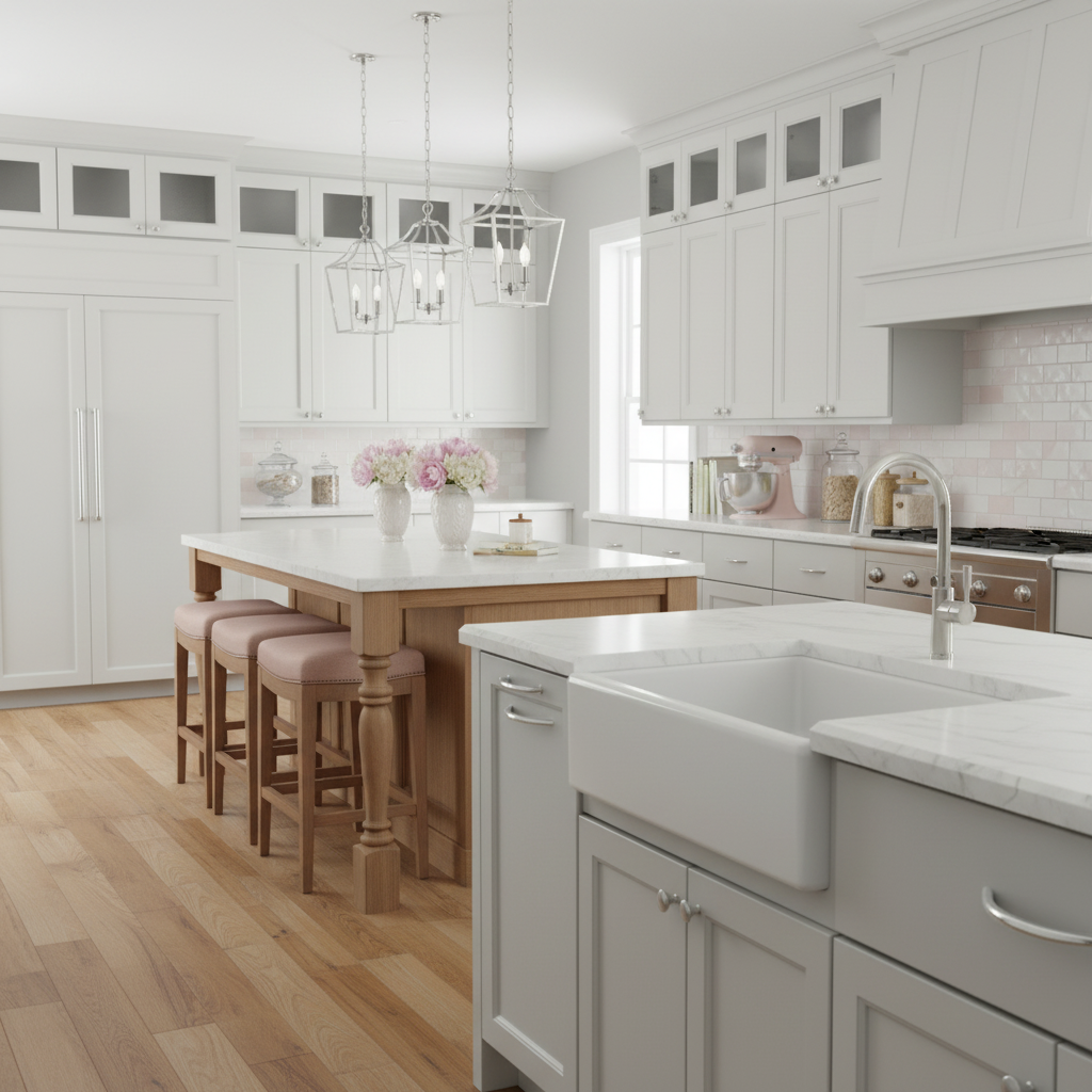 Gray kitchen cabinet with a marble countertop and silver faucet.