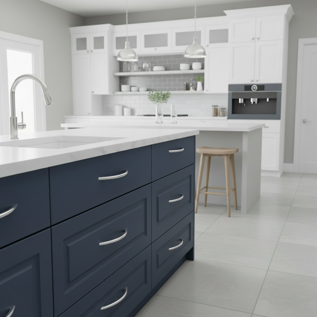 Modern kitchen with navy blue cabinets and white countertops