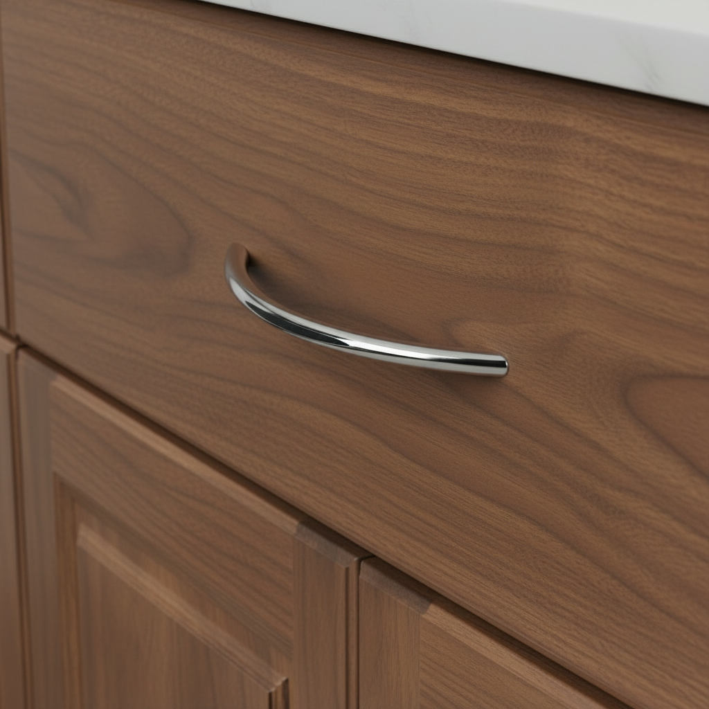 Wooden cabinet with a chrome handle