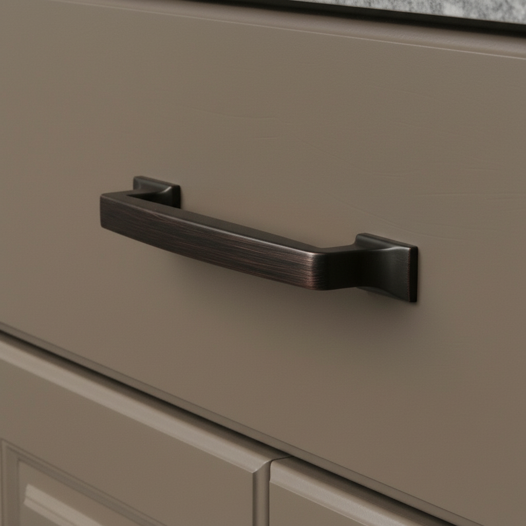 A single Cosmas oil rubbed bronze cabinet pull with a curved design, isolated on a white background.