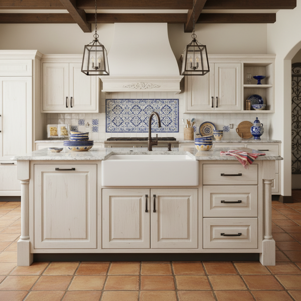 Cosmas oil rubbed bronze cabinet pull with a curved design in a colonial kitchen 