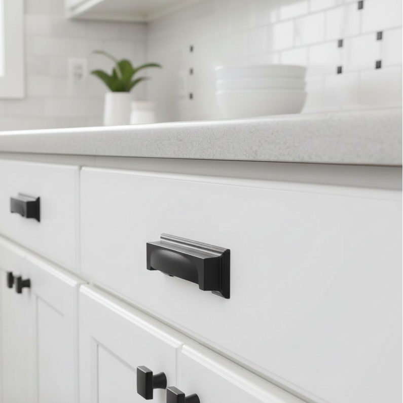 White kitchen cabinets with black handles in a bright kitchen setting