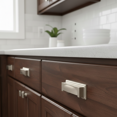 Close-up satin nickel cabinet pulls on a wood drawer and cabinets. 
