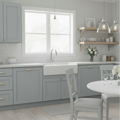 satin nickel cup pulls in a modern kitchen with gray cabinets, white countertops, and a dining area.