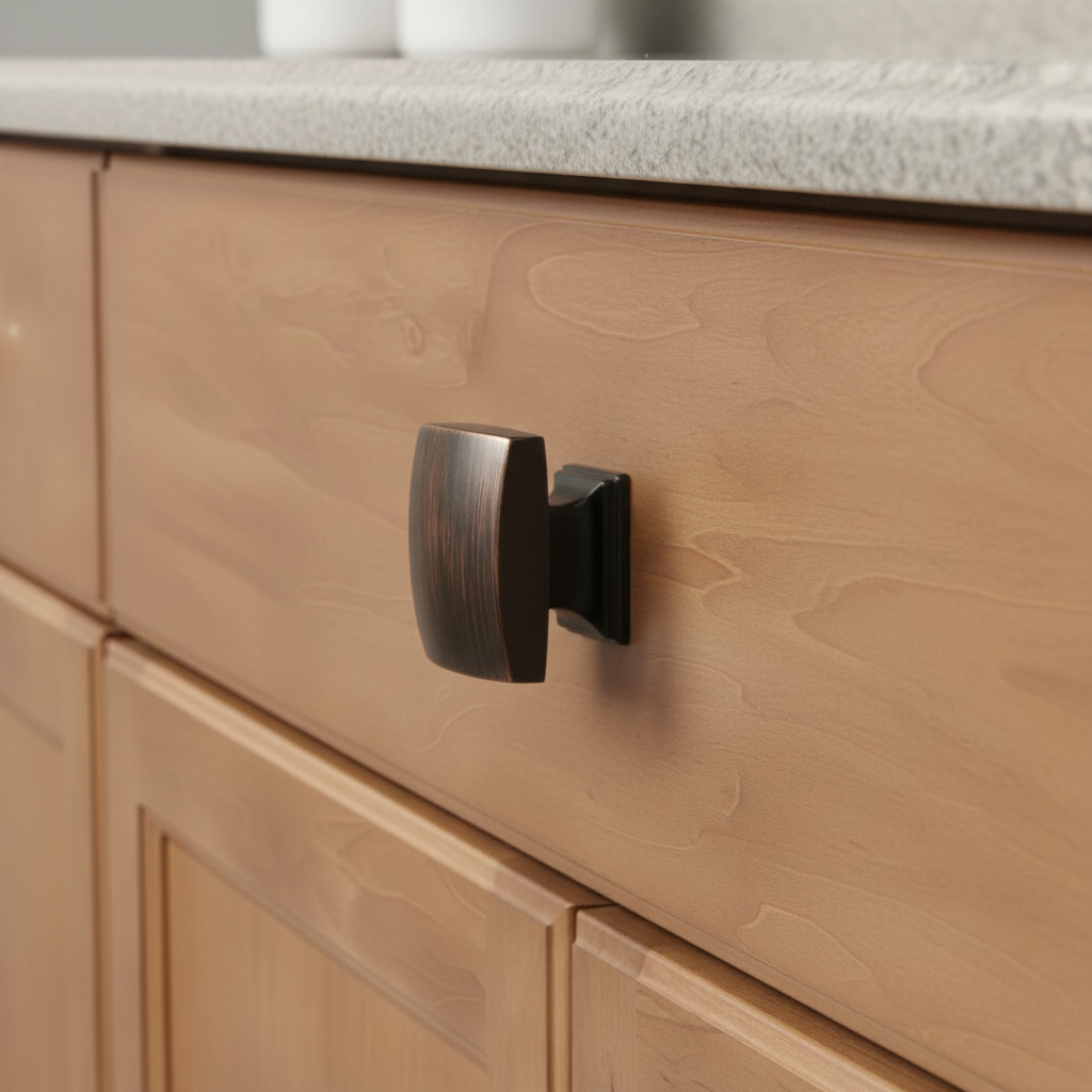 Wooden cabinet with a dark knob on a light wood finish