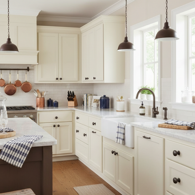 Modern kitchen with white cabinets, marble countertops, and stainless steel appliances.
