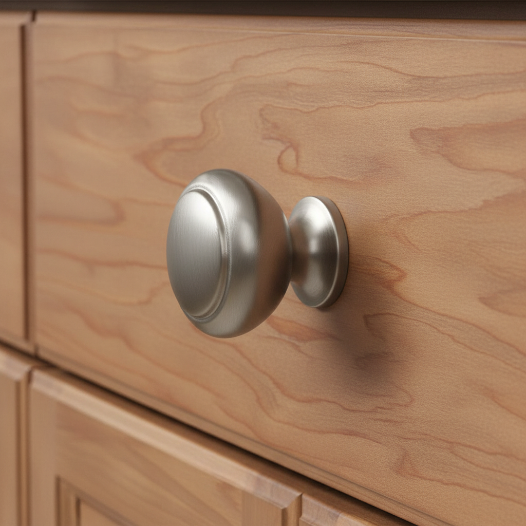 satin nickel cabinet knob on a wooden drawer