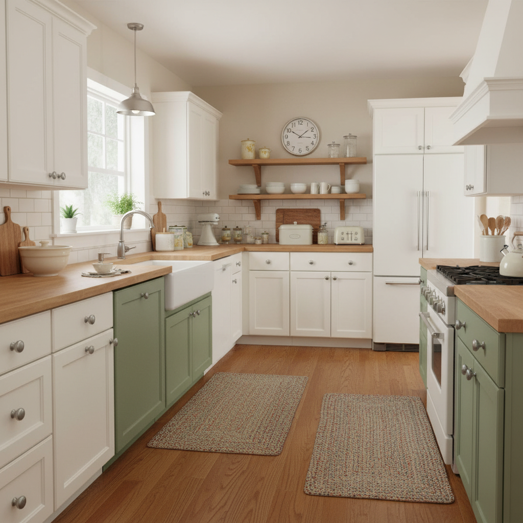 Modern kitchen with white and green cabinets, wooden countertops, and stainless steel appliances.